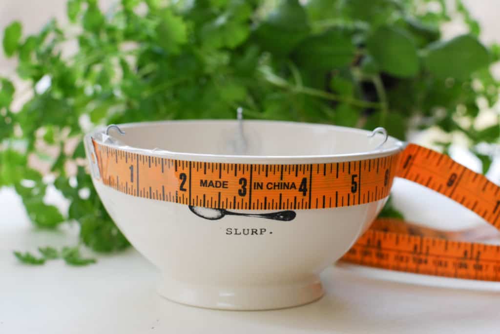 a measuring strip around the circumference of the rae dunn bowl