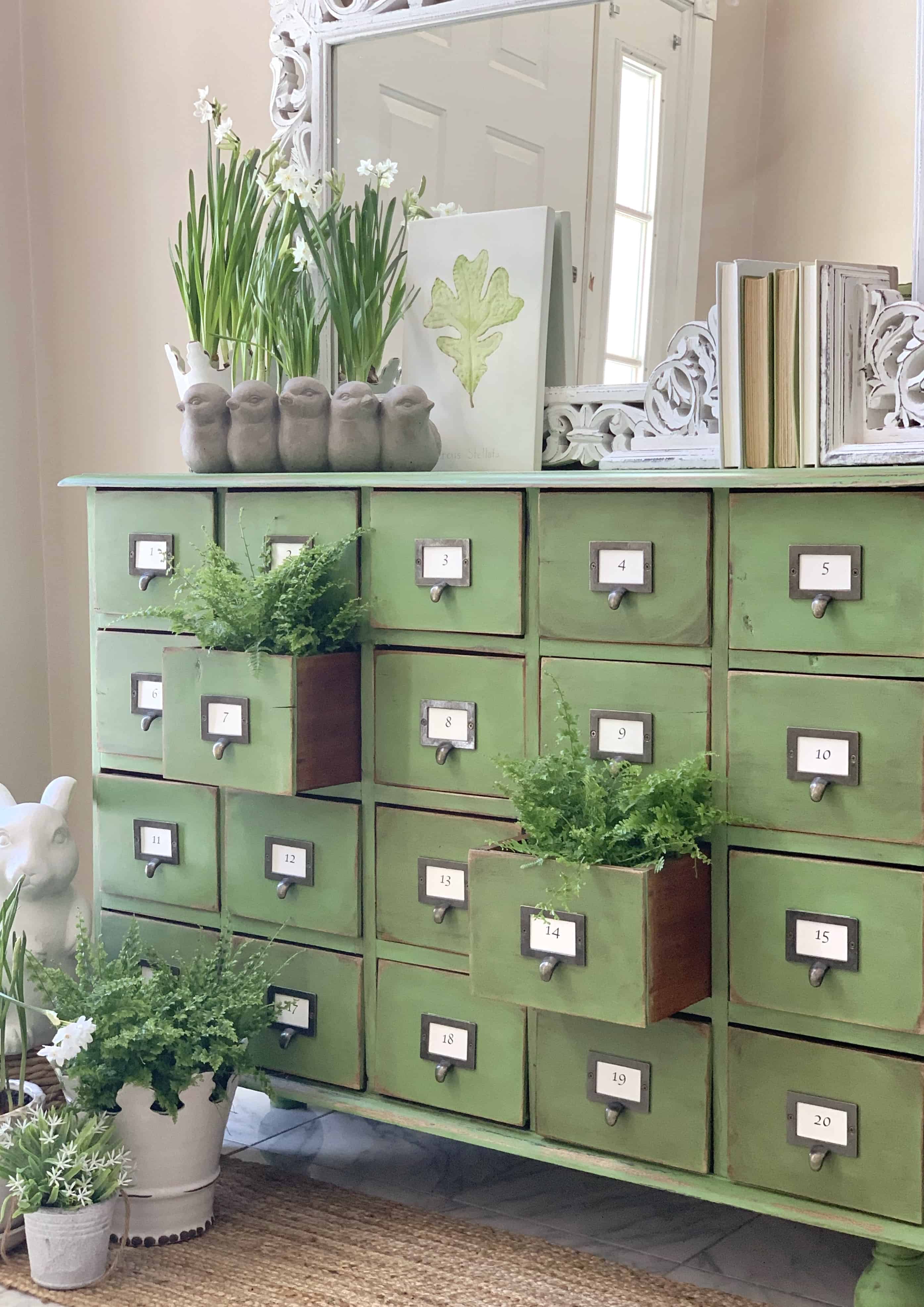 green chalk painted apothecary cabinet
