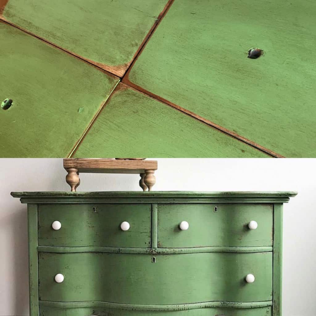 comparing green chalk paint from card catalog to dresser.