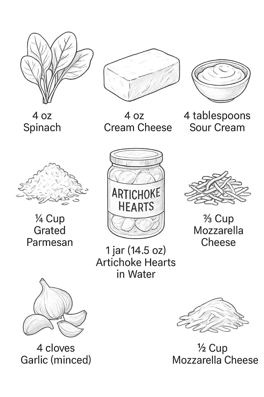 All the ingredients needed to make this no mayo spinach artichoke dip. 