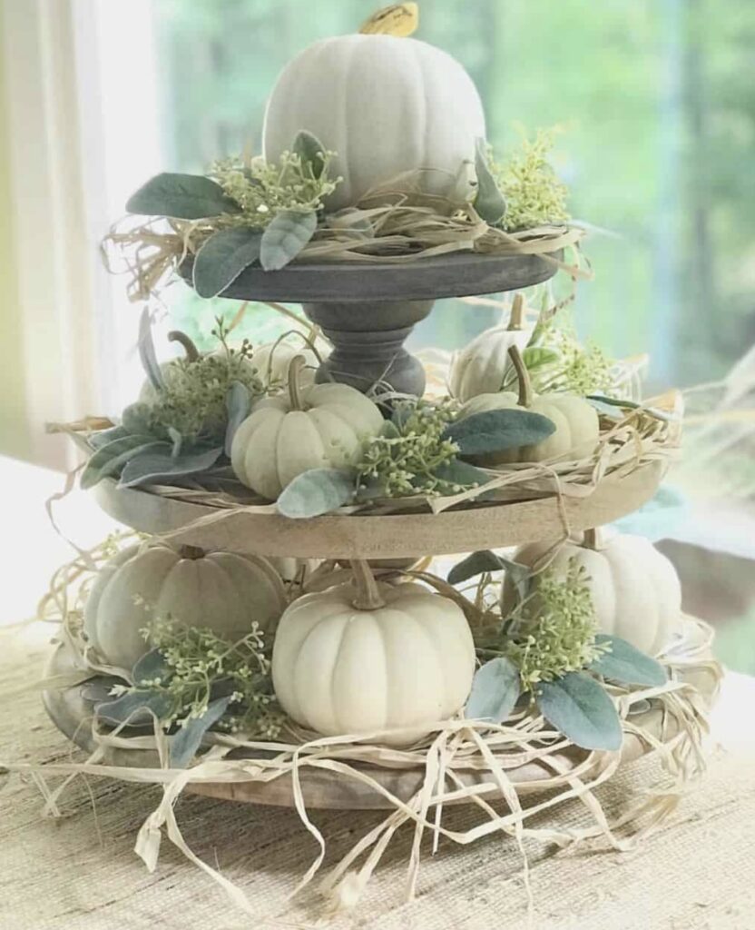 a fall themed stacked tray centerpiece.