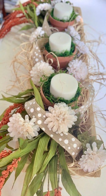 Mums added to the dough bowl centerpiece.