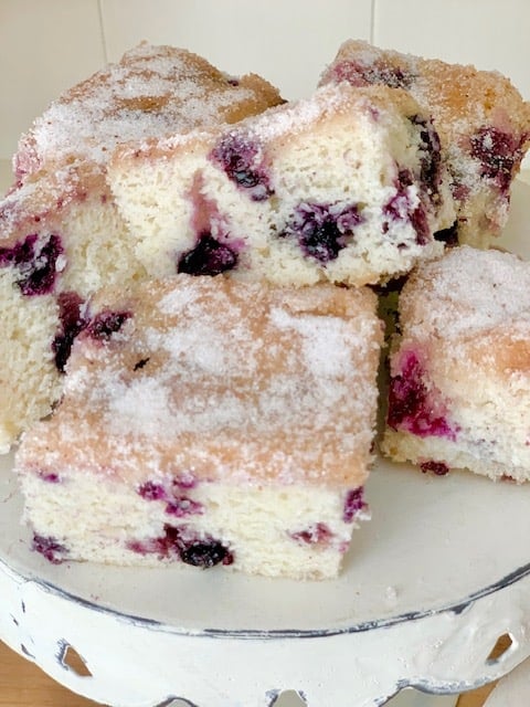 squareds of blueberry cake on pedestal