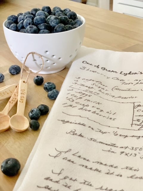 blue berries with the tea towel that has my gram handwritten recipe on it