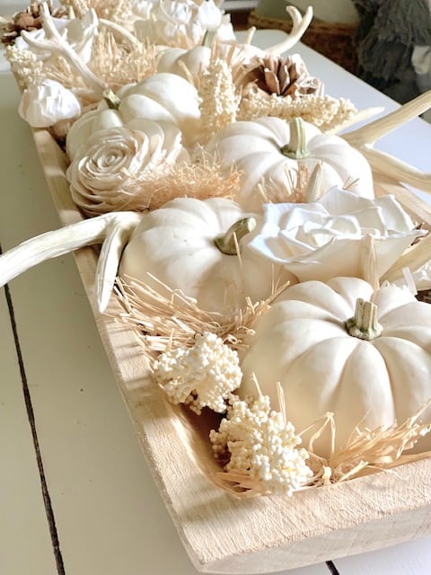 all white dough bowl design with flowers and pumpkins