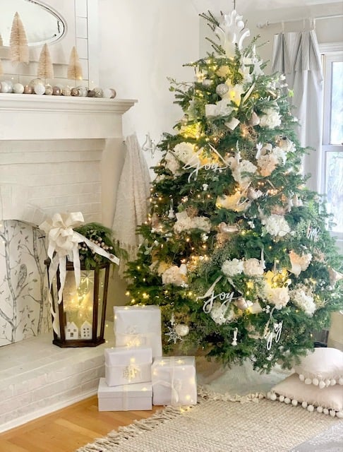 Our fresh Christmas tree all decorated with green and white ornamnets and white hydrangea blooms. 