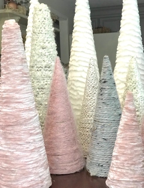 yarn trees in pinks, cream color, gray