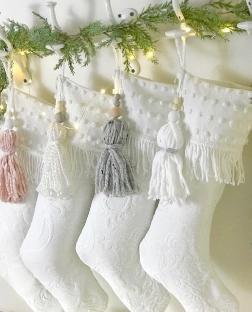 white stockings made with chenille bedspread with yarn stocking tassels