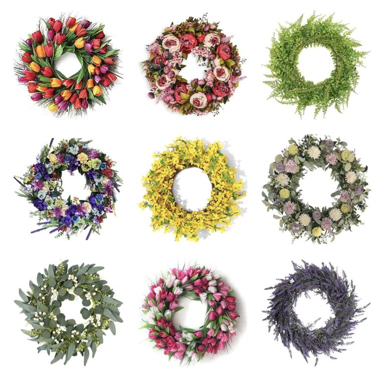 a collection of colorful spring wreaths from Amazon.
