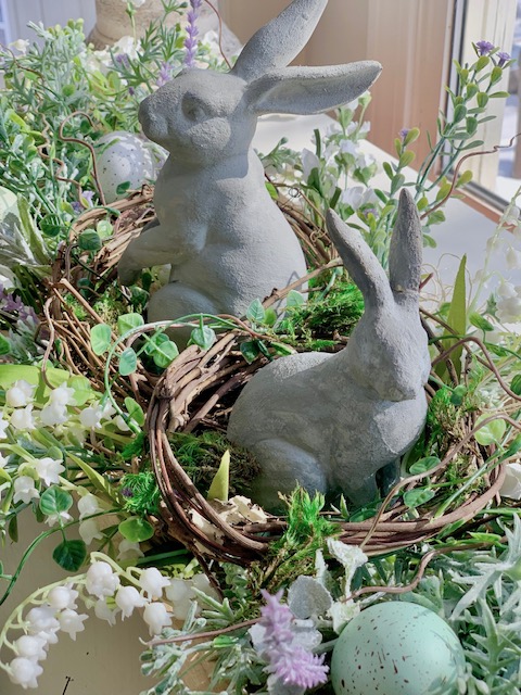 bunnies painted to look like cement garden bunnies.