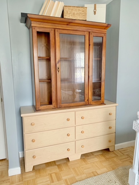 original long dresser with original glass door hutch sitting on top. The before. 