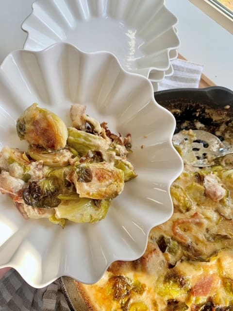 casserole in a fluted edge white bowl. 