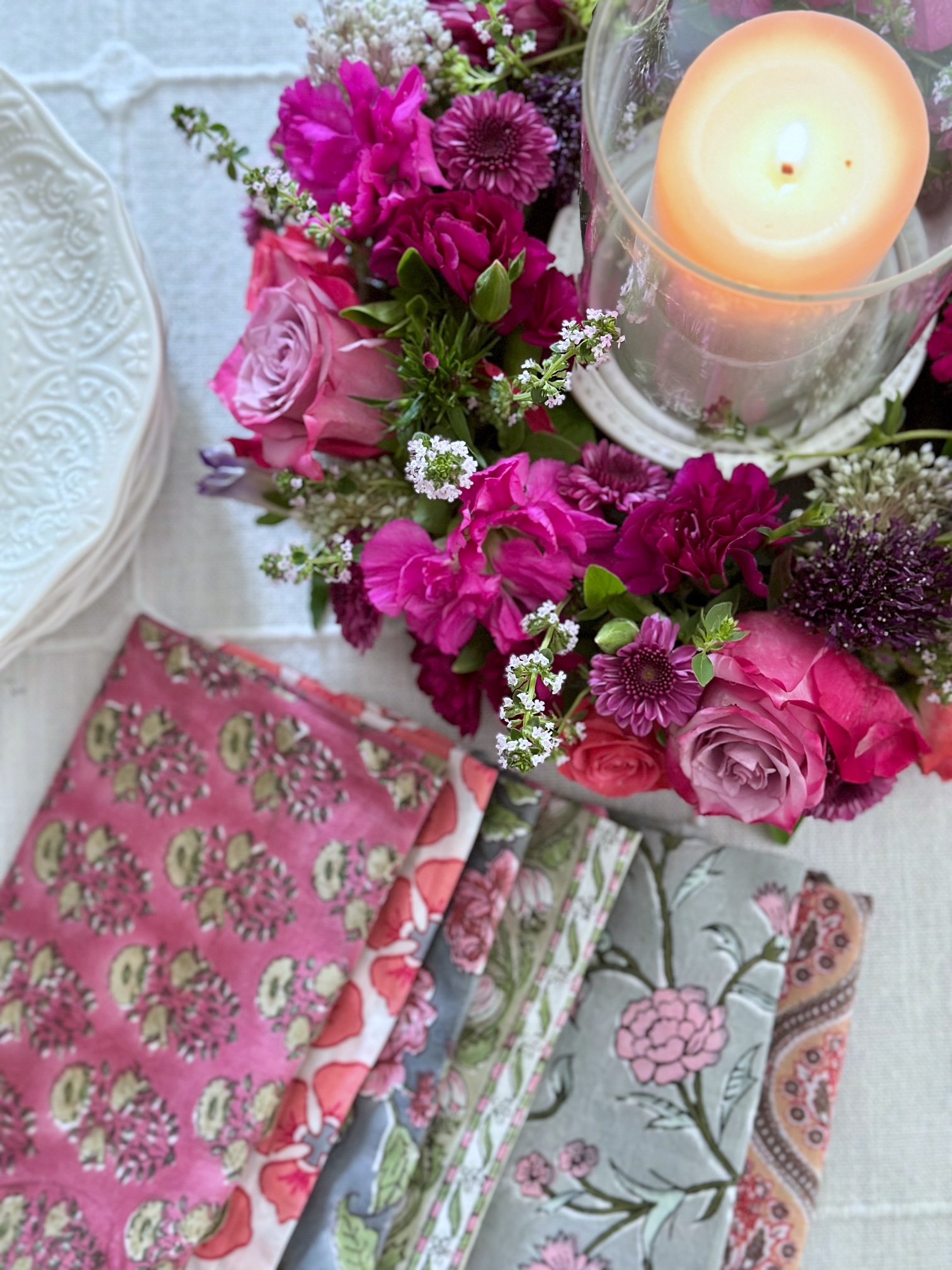 Bright colored flowers for a floral candle ring. 