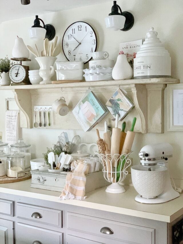 A bakers wall on a repurposed antique mantel turned shelf. this space features puck lights for a cordless option. 