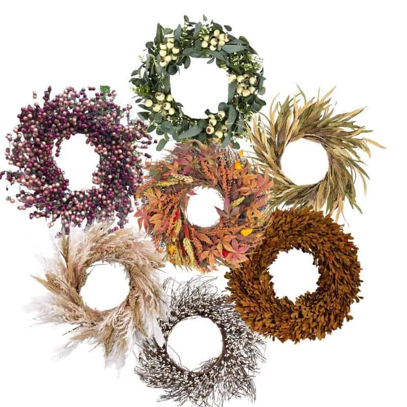 a collection of fall wreaths.