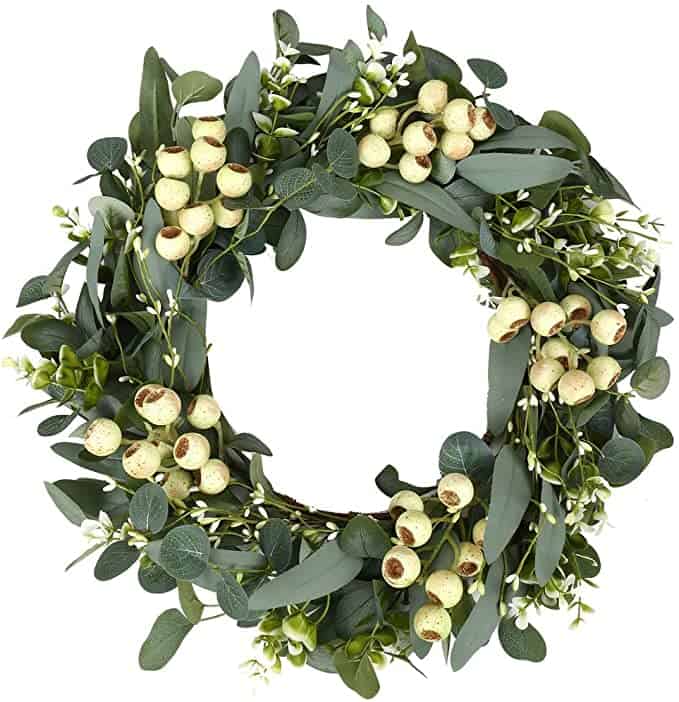 Eucalyptus wreath with large white berries. 