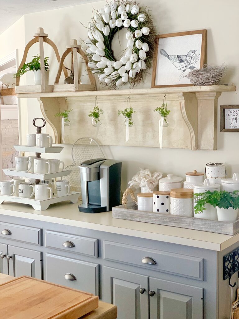 spring themed green, white and woods coffee bar
