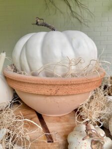 large white pumpkin in a clay pot.