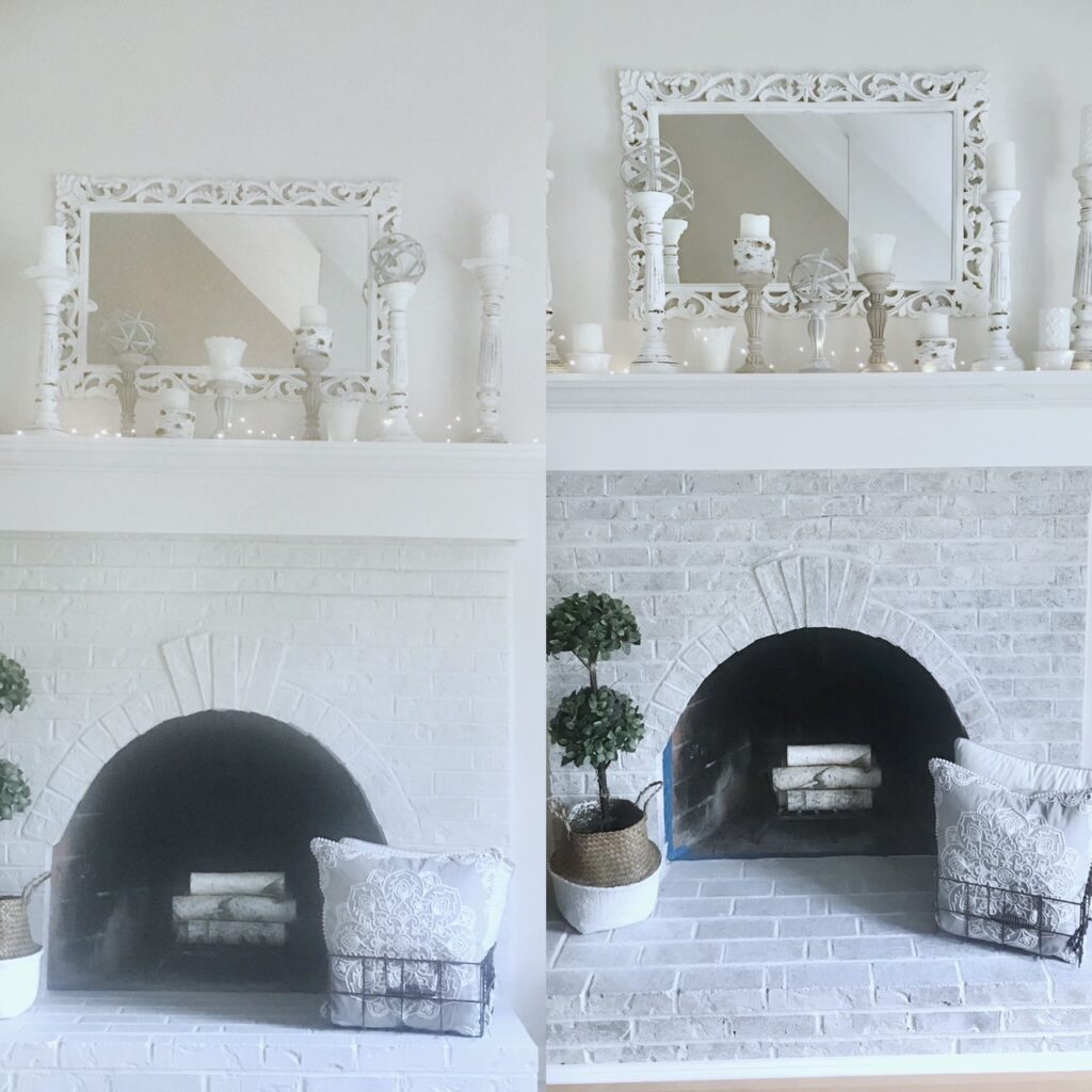side by side of the fireplace with 1 coat of paint vs two coats. 