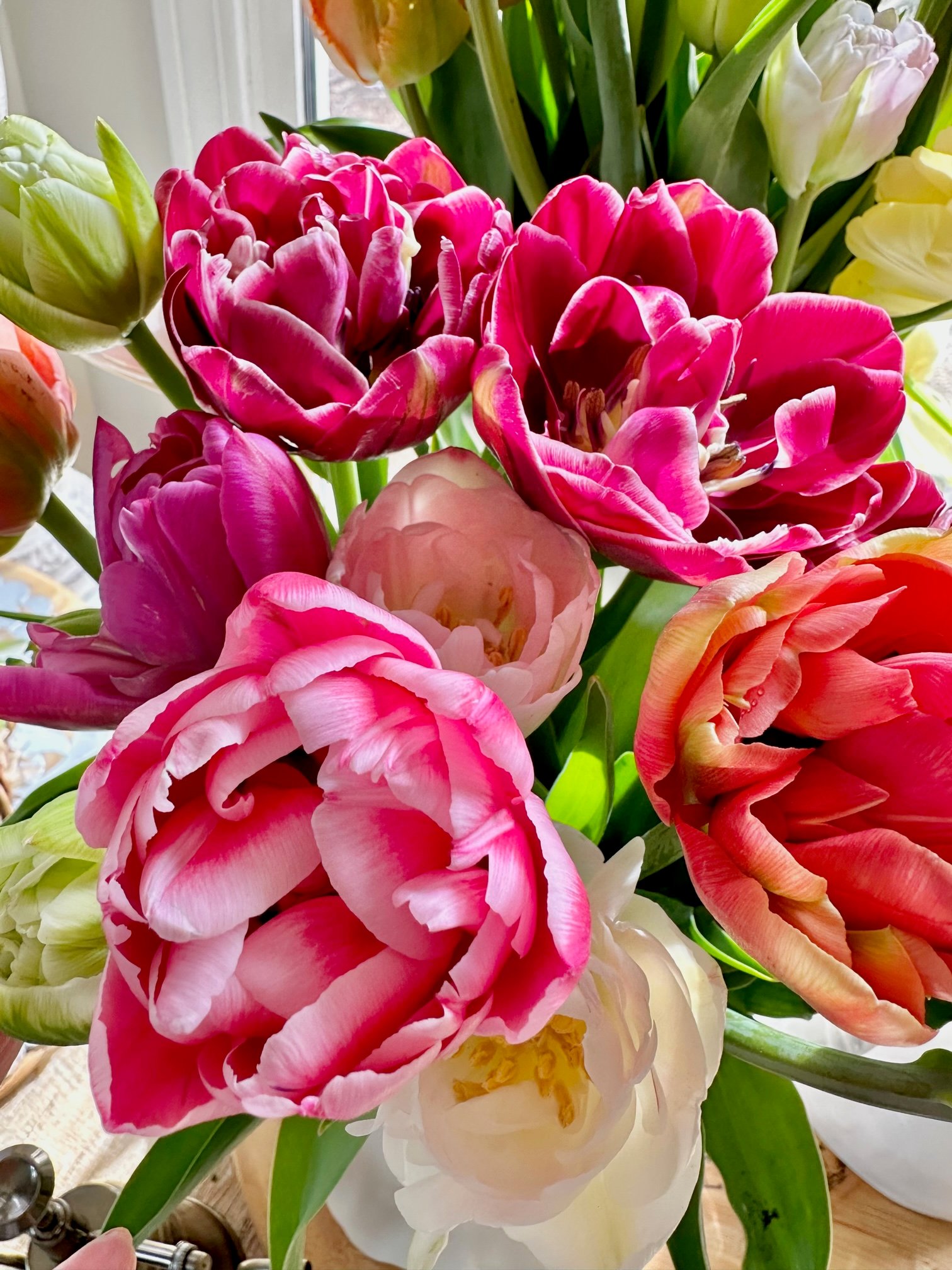 A big bouquet of bright pink tulips.