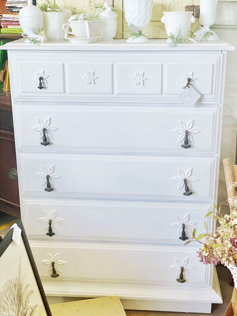 vintage dresser with flower knobs paint white. 