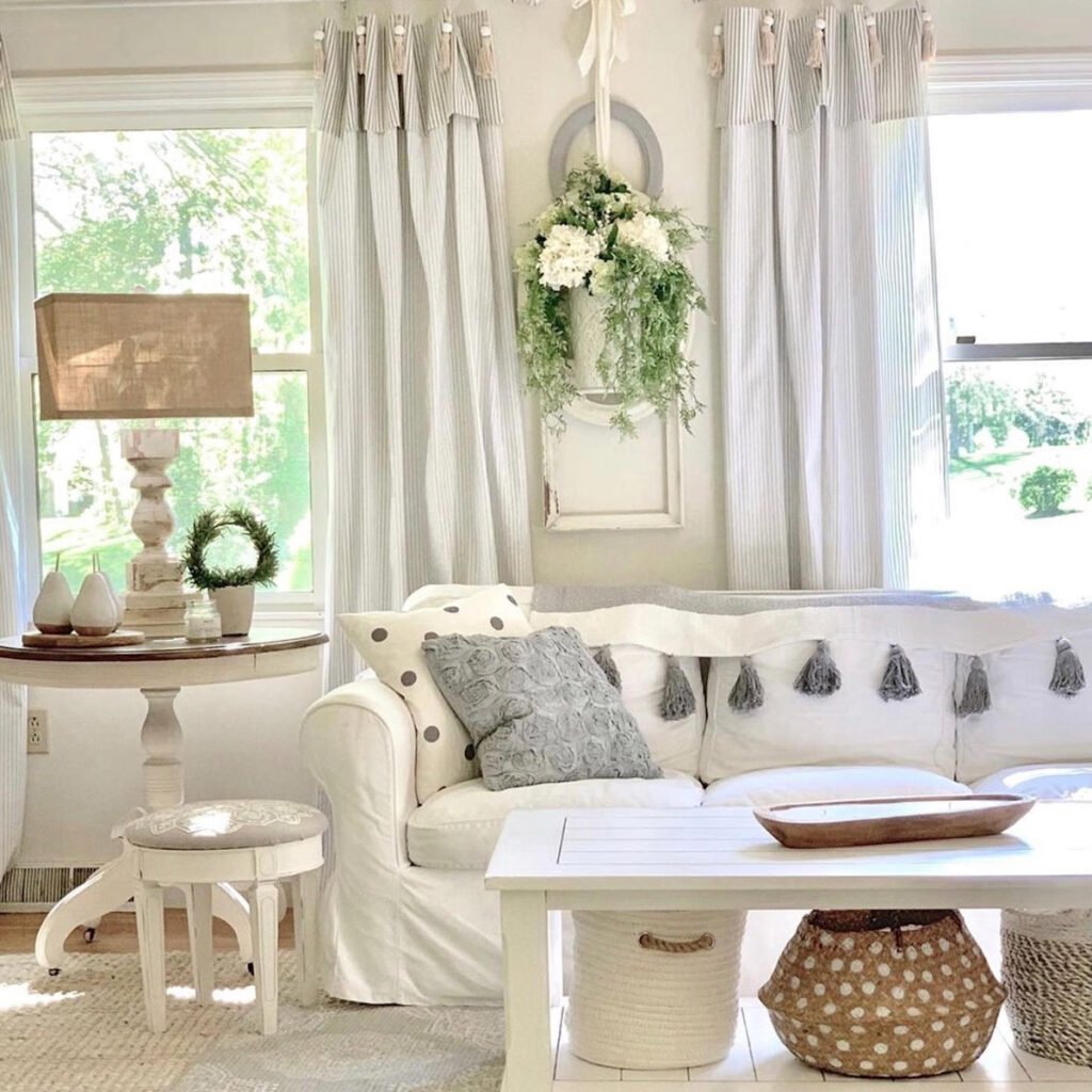 DIY Ticking stripe, curtains, farmhouse, living room, pottery barn inspired.