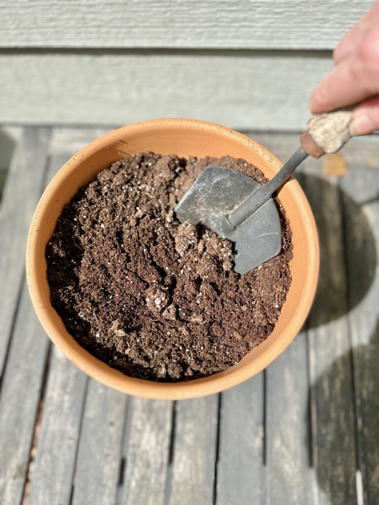 clay pot with soil and a garden shovel.