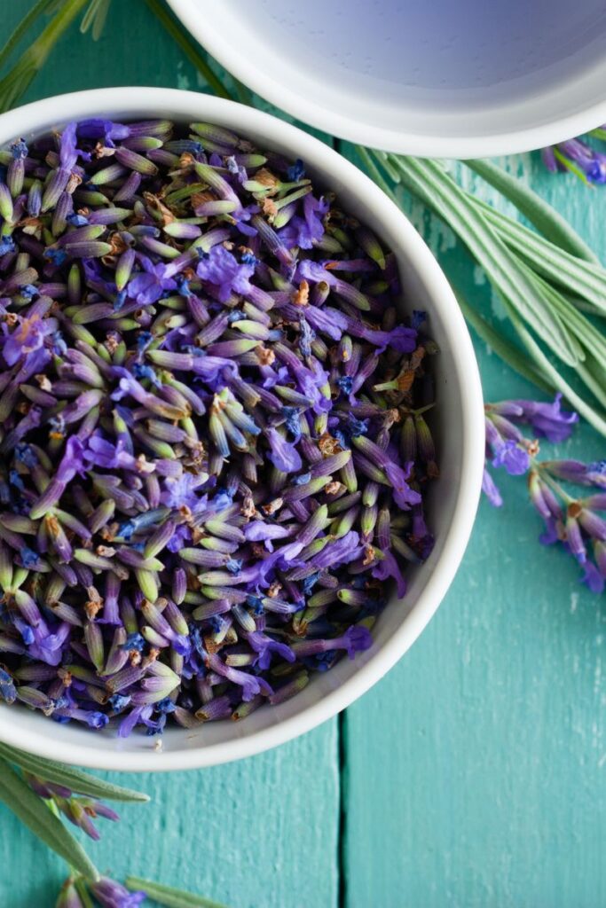 a bowl full of lavender blossoms.