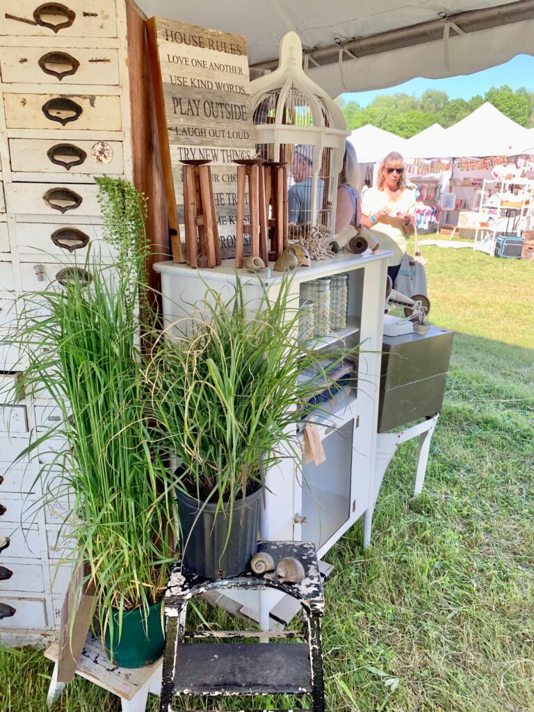 a booth with a fabulous apothecary, plants, and a cabinet. 
