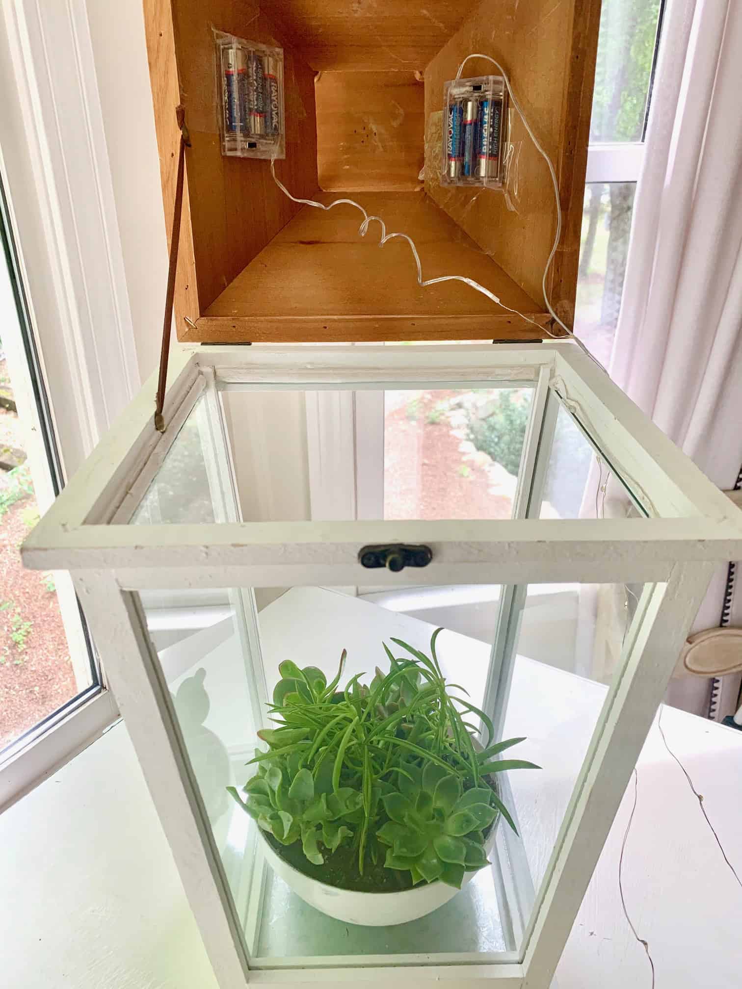 Battery pack of twinkle lights attached to the "roof" of the lantern.