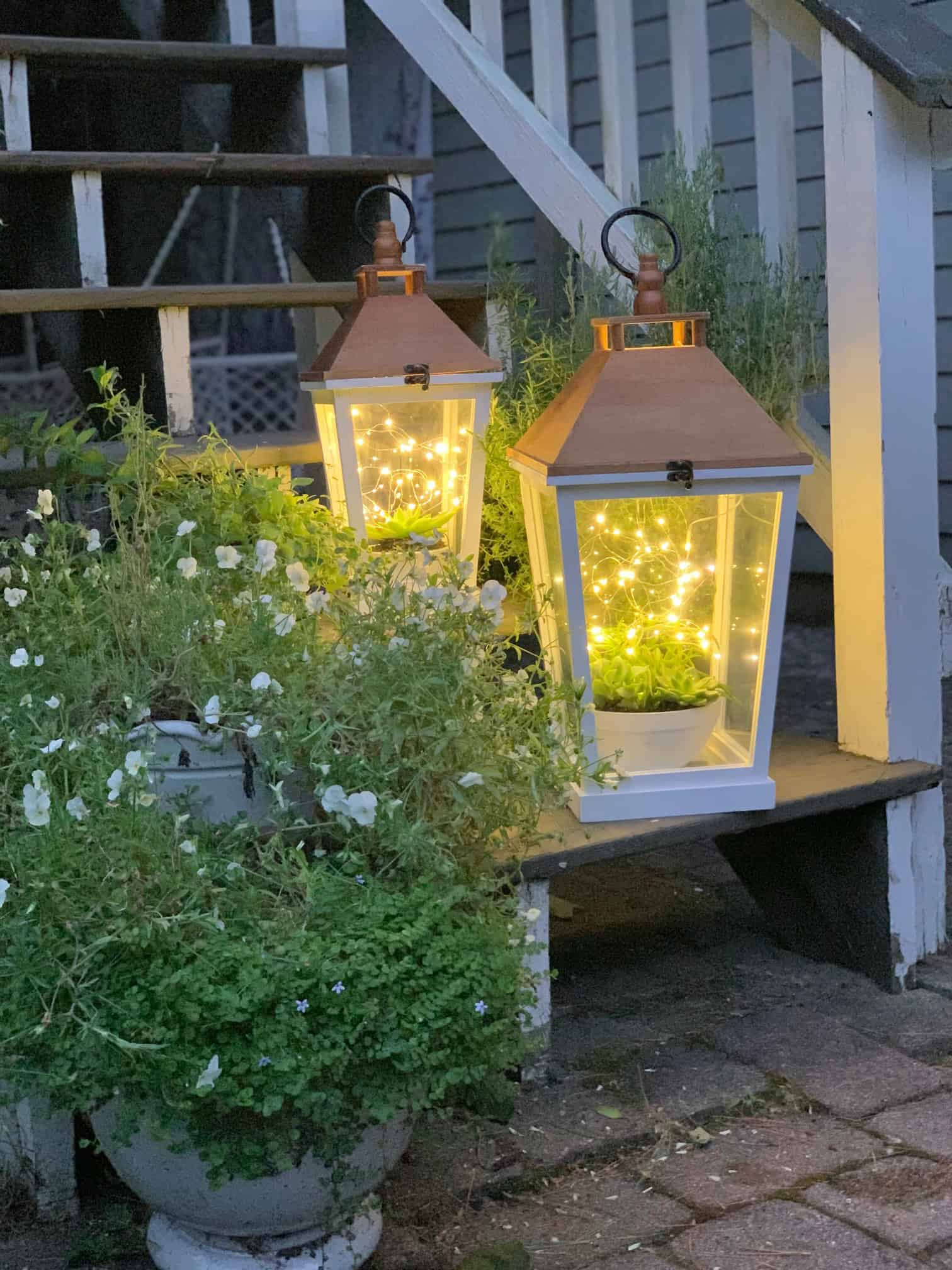 Lanterns with the lights lit in the evening. 