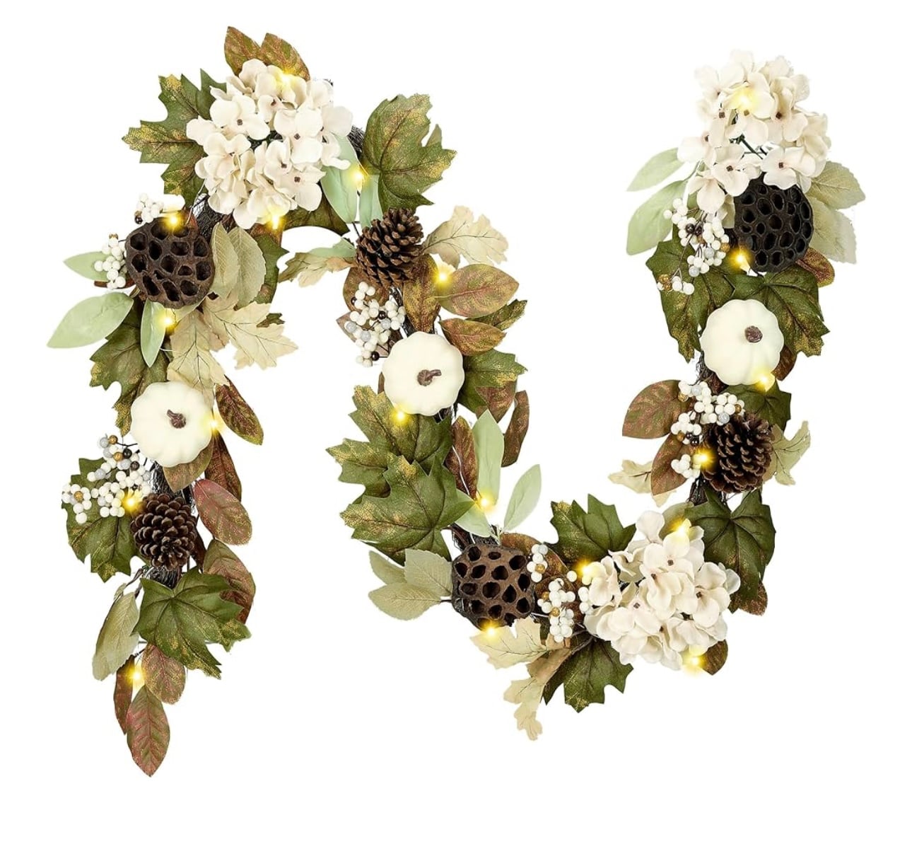 A fall garland with green maple leaves, hydrangea, white mini pumpkins, berries and pods. 