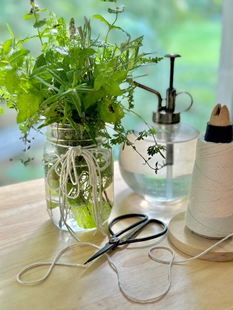 a ball jar filled with herbs.