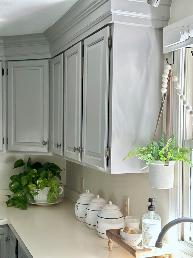 Upper cabinets painted with Willow Creek from Benjamin Moore.