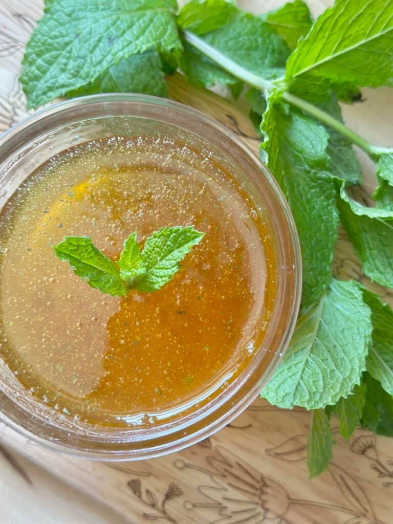  A jar of mint infused honey.