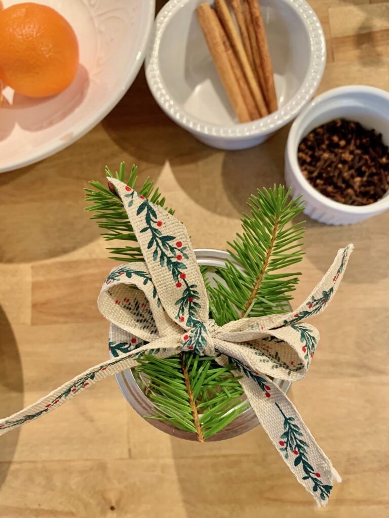 fresh pine stuck between the ribbon. 