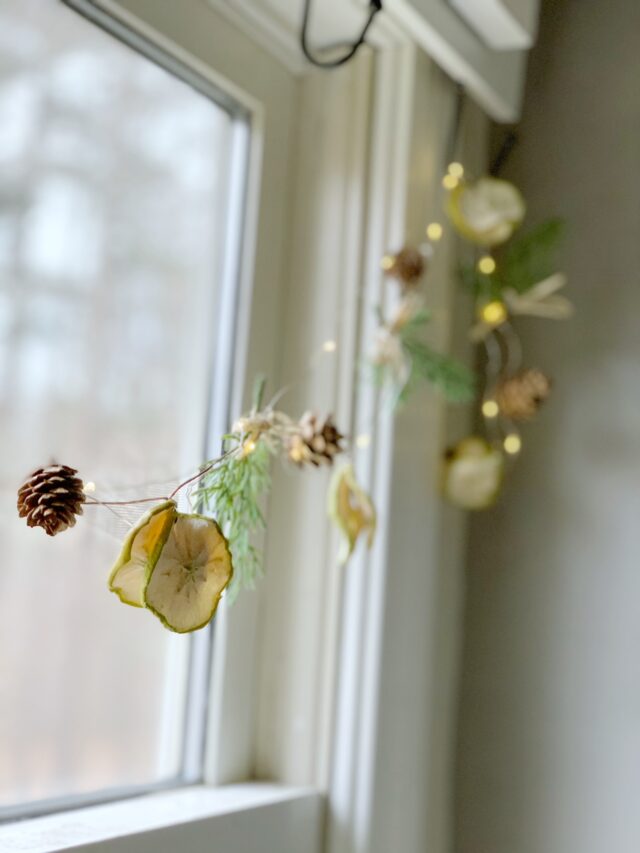 A dainty fruit garland hung in a kitchen window.