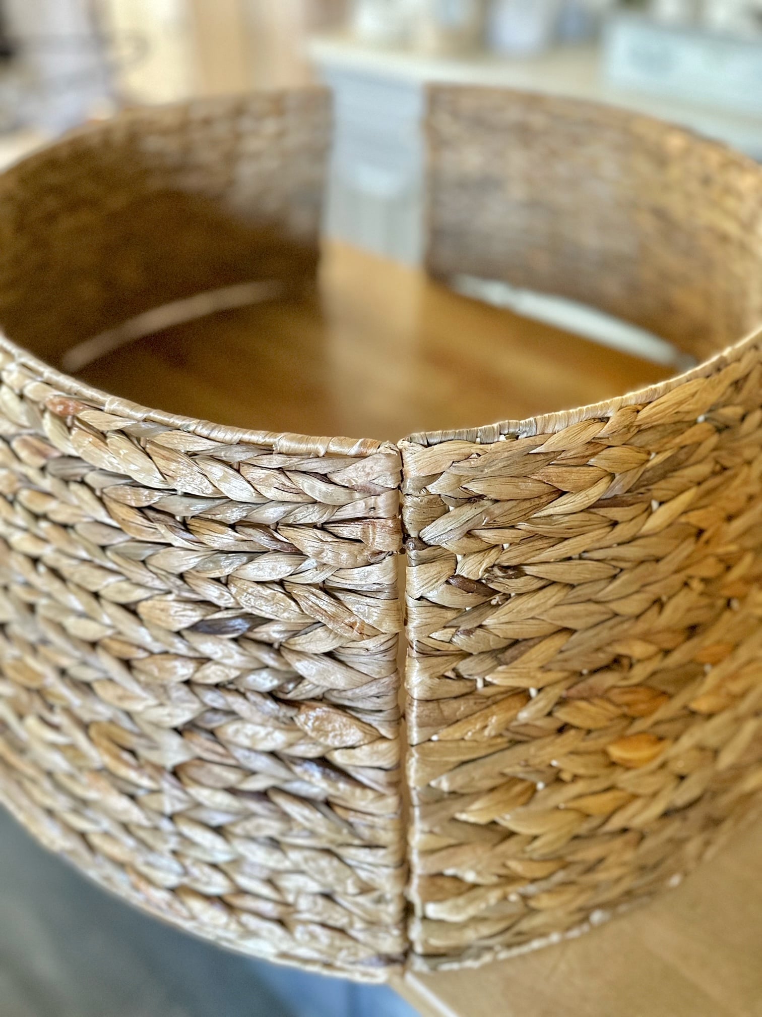 The tree collar standing the standard way, small opening on top, large opening on bottom.