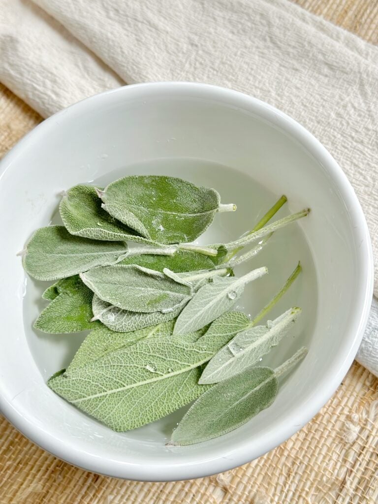 Fresh sage leaves floating in a bowl of water to clean.