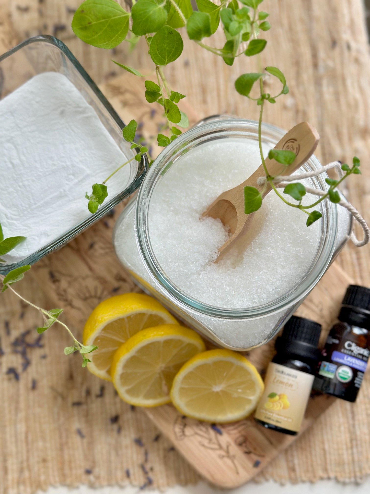Epsom salt, baking soda, essential oils, with lemons. 