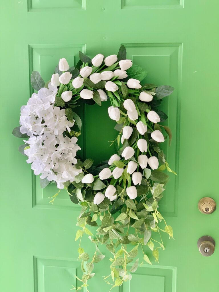 a view of the wreath on my bright green door.