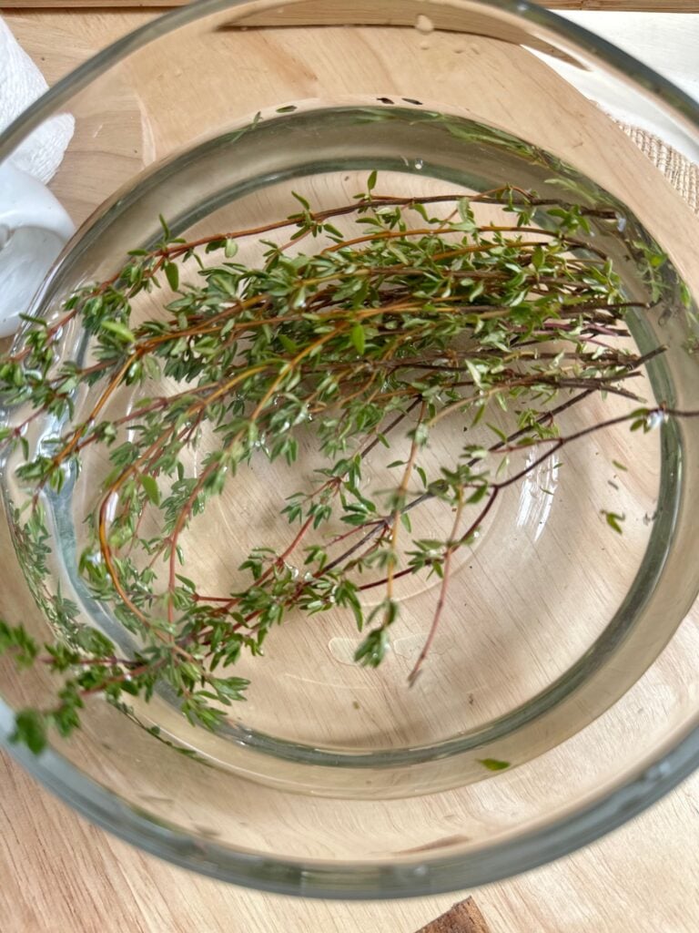 Thyme in water in a bowl.