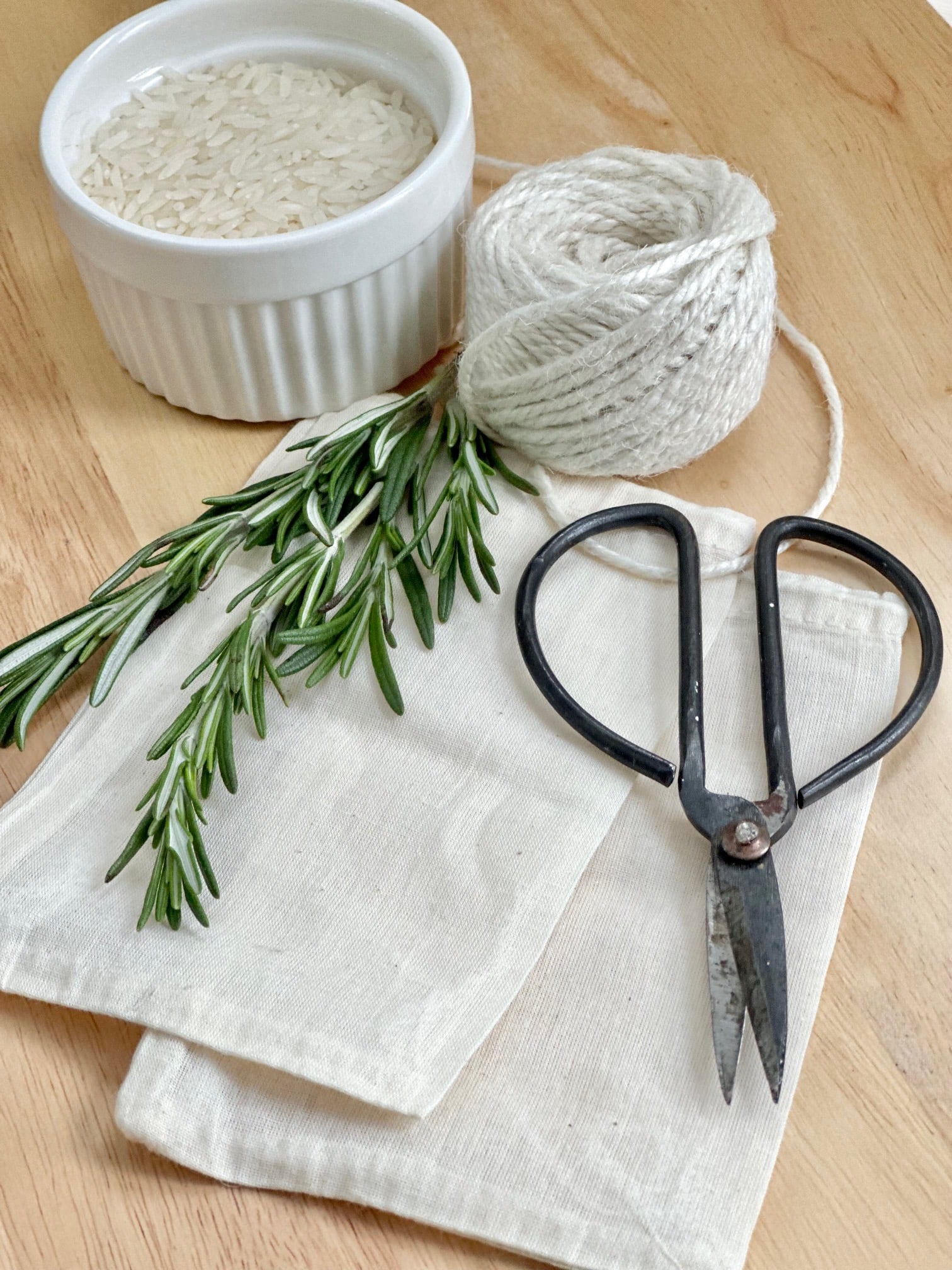 The ingredients for making these rosemary drawer sachets.