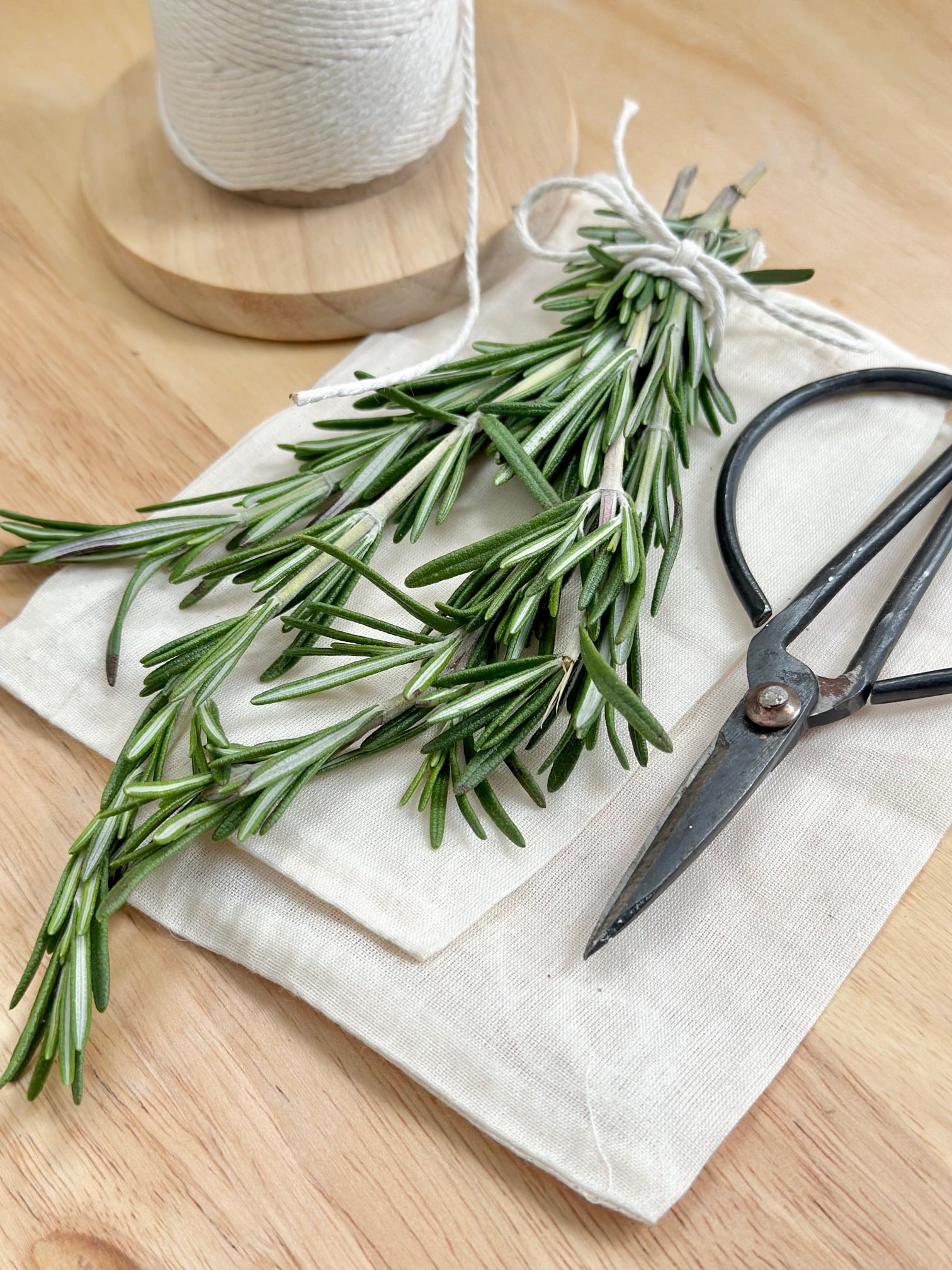 A bunch of rosemary, drawstring bag, scissors, sting. 