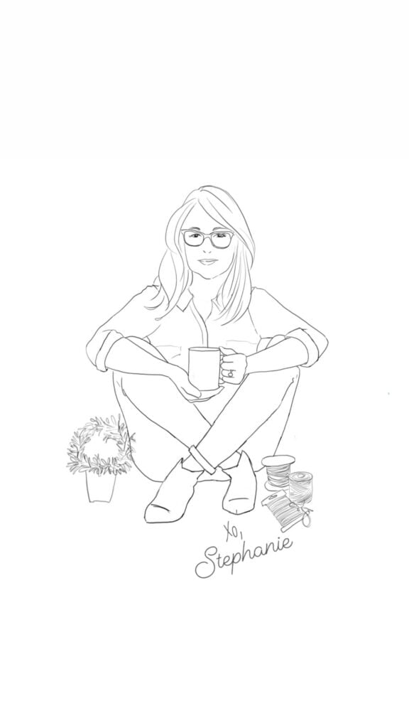 My signature. A drawing of me sitting with a cup of coffee and a rosemary topiary next to me.