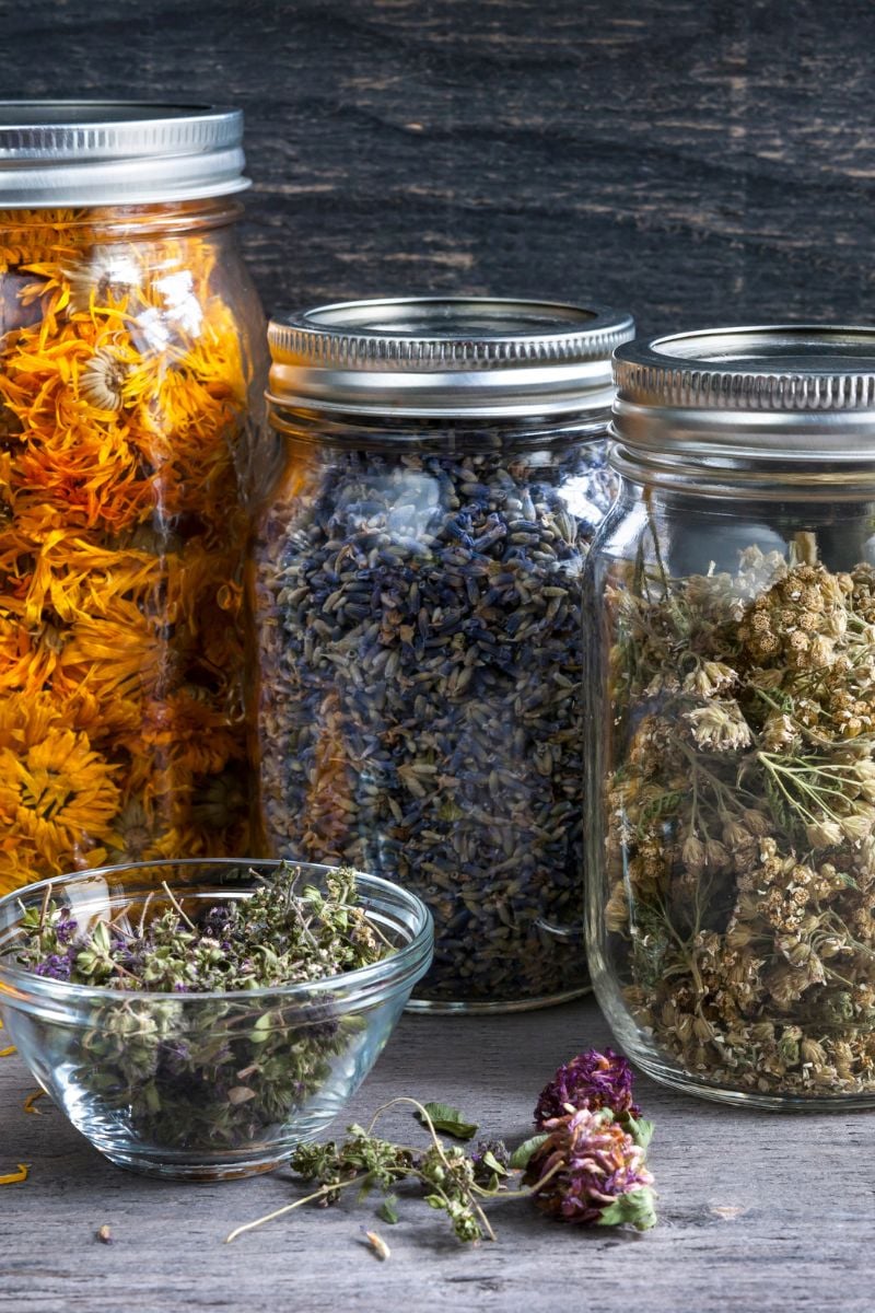 Dried herbs in air tight containers.