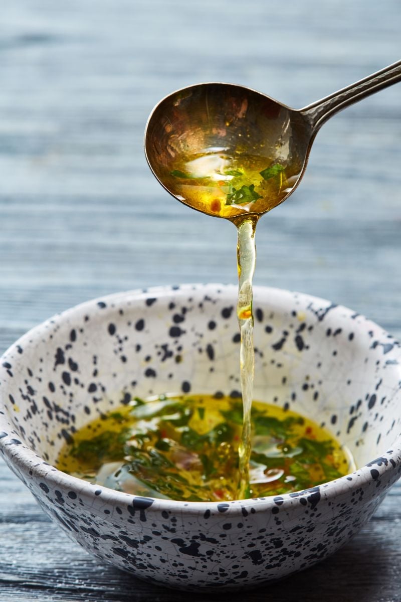 infused oil dip in a bowl. 