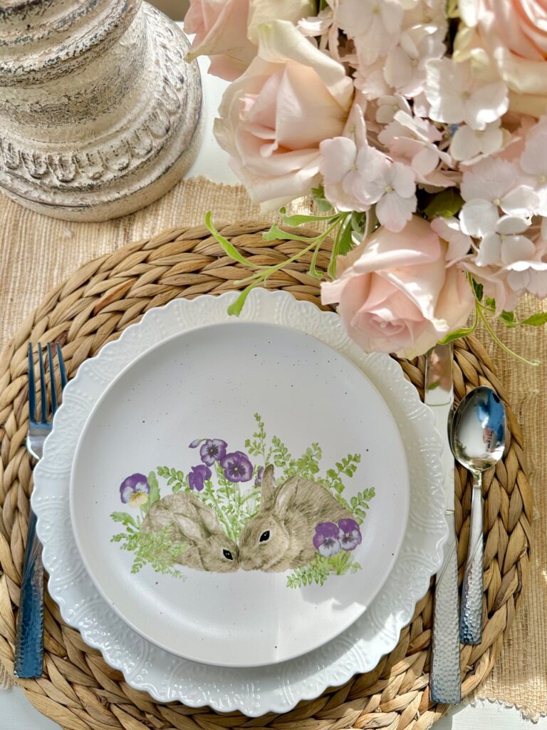 Sweet little salad plate with 2 bunnies and flowers. 