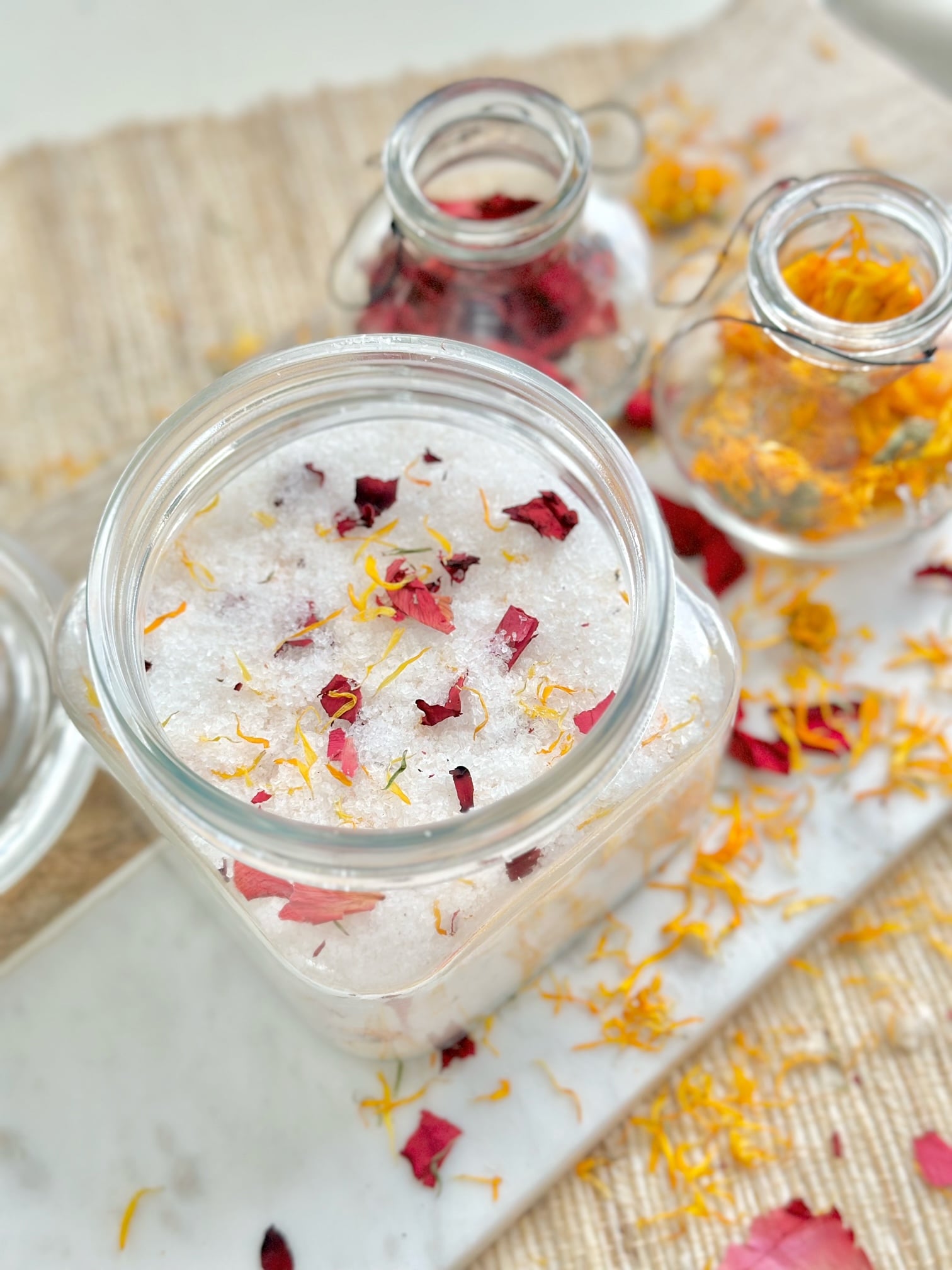 bath salts in a glass jar for storage.