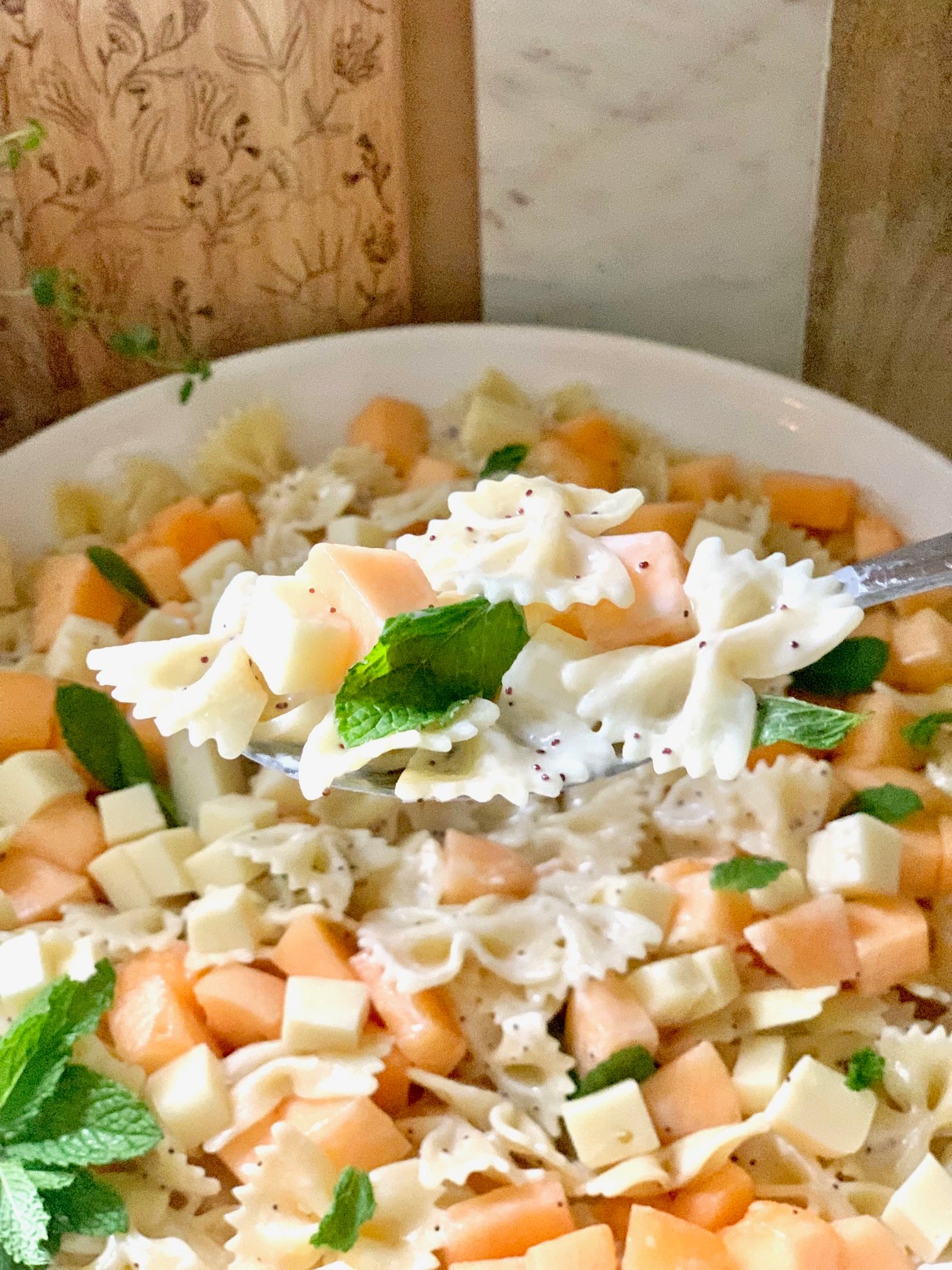 A spoonful of this bright colorful fresh pasta salad. 